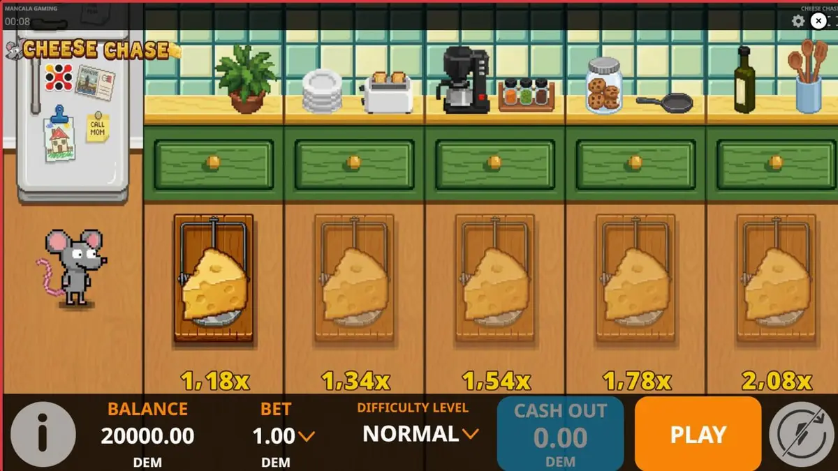 Isang masayang mouse na naghahanap ng keso sa isang retro-style na kusina sa Cheese Chase slot.